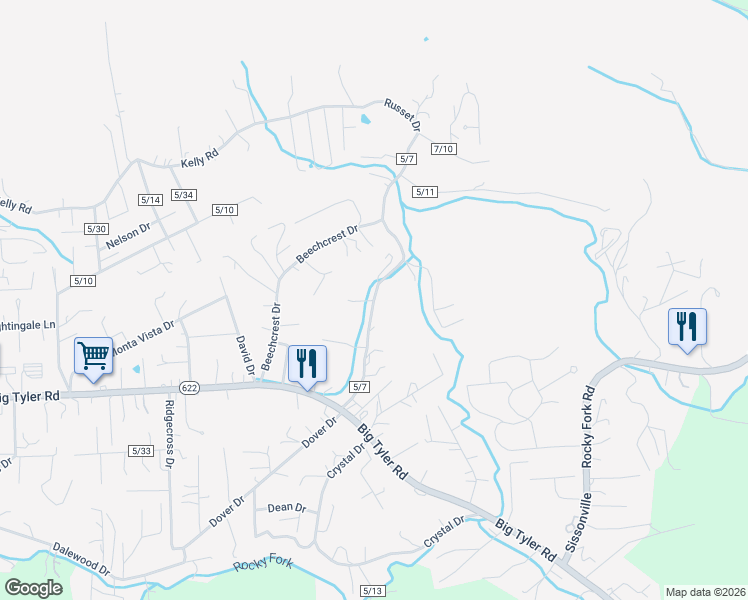 map of restaurants, bars, coffee shops, grocery stores, and more near 5219 Walnut Valley Drive in Cross Lanes
