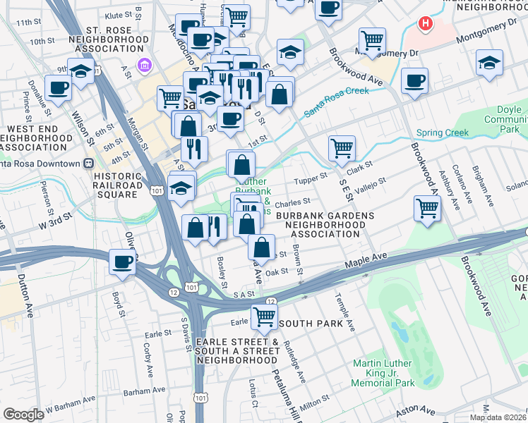 map of restaurants, bars, coffee shops, grocery stores, and more near 645 Charles Street in Santa Rosa