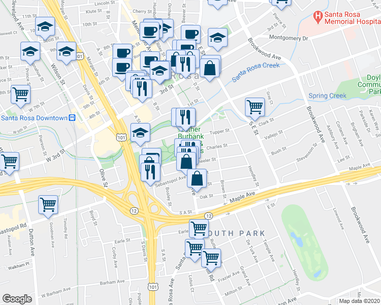 map of restaurants, bars, coffee shops, grocery stores, and more near 200 Santa Rosa Avenue in Santa Rosa