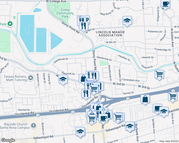 map of restaurants, bars, coffee shops, grocery stores, and more near 205 Stony Point Road in Santa Rosa