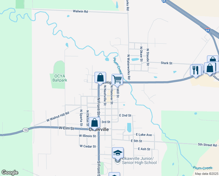 map of restaurants, bars, coffee shops, grocery stores, and more near 300 North Hanover Street in Okawville