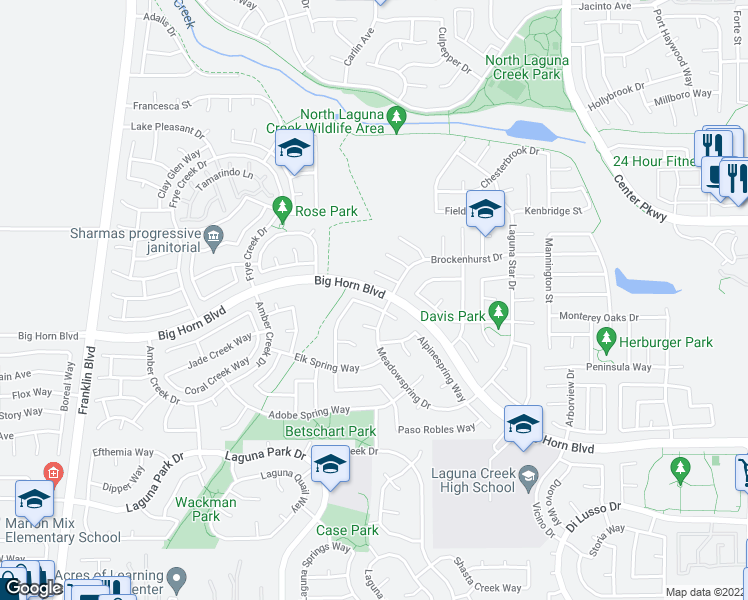 map of restaurants, bars, coffee shops, grocery stores, and more near 8808 Hiddenspring Way in Elk Grove