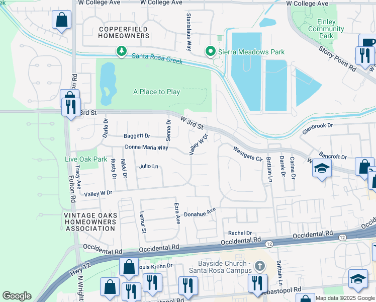 map of restaurants, bars, coffee shops, grocery stores, and more near 2331 Donna Maria Way in Santa Rosa
