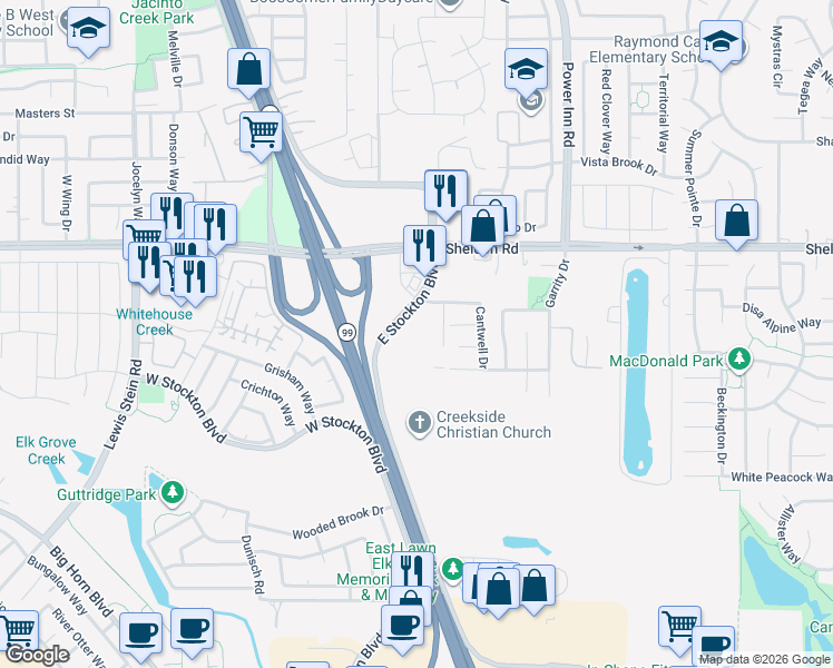 map of restaurants, bars, coffee shops, grocery stores, and more near 8871 East Stockton Boulevard in Elk Grove