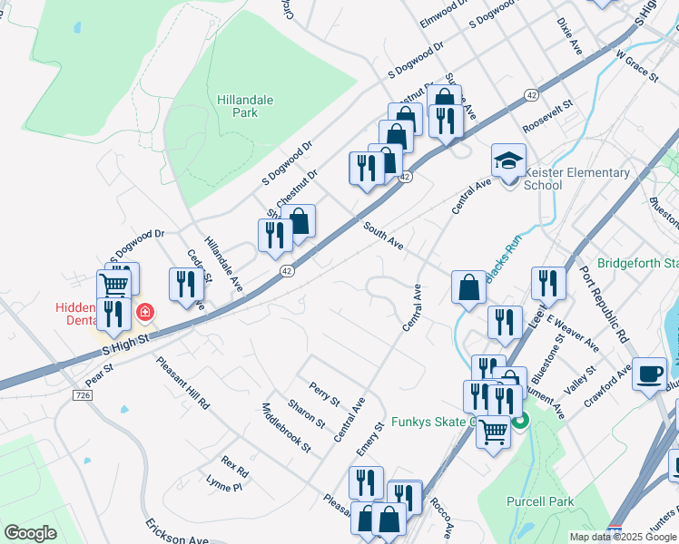 map of restaurants, bars, coffee shops, grocery stores, and more near 1136 South High Street in Harrisonburg