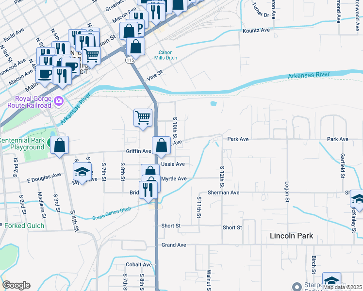 map of restaurants, bars, coffee shops, grocery stores, and more near 722 South 10th Street in Cañon City