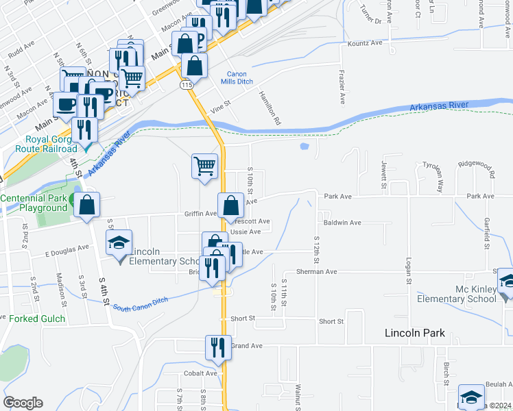 map of restaurants, bars, coffee shops, grocery stores, and more near 722 South 10th Street in Cañon City