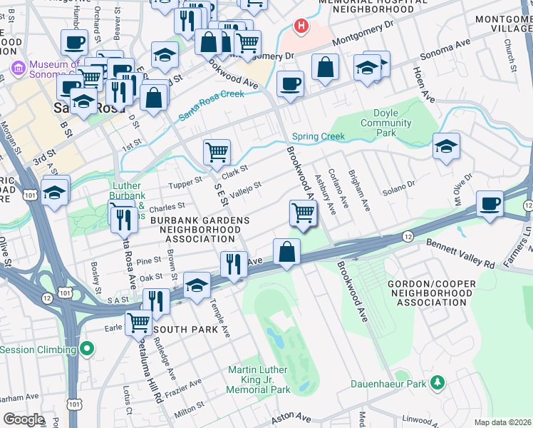map of restaurants, bars, coffee shops, grocery stores, and more near 1033 Bush Street in Santa Rosa