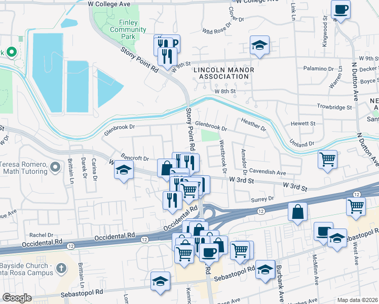 map of restaurants, bars, coffee shops, grocery stores, and more near 205 Stony Point Road in Santa Rosa