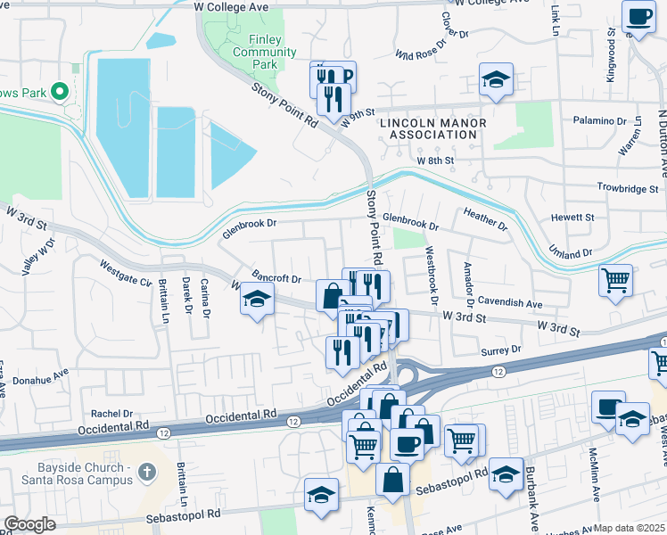 map of restaurants, bars, coffee shops, grocery stores, and more near 348 Fenwick Drive in Santa Rosa