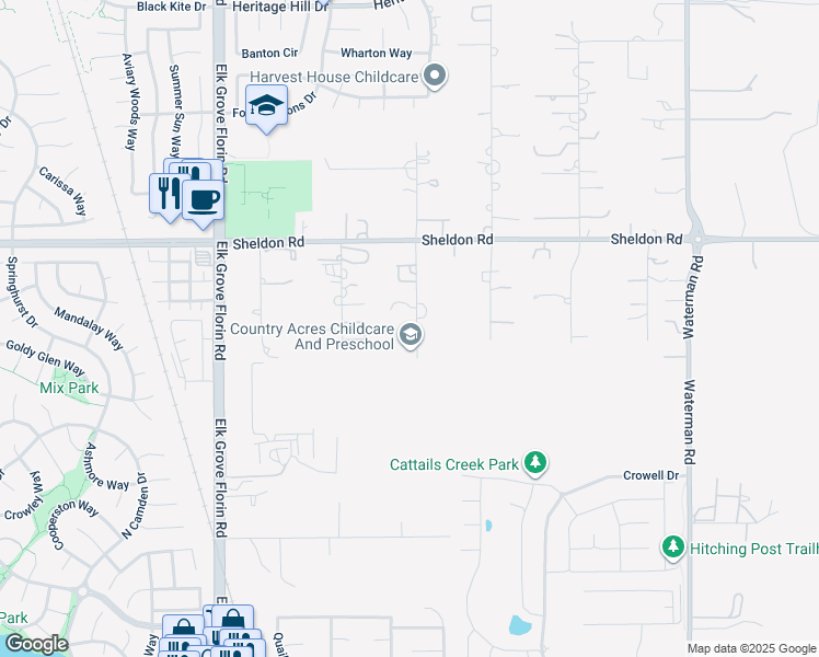 map of restaurants, bars, coffee shops, grocery stores, and more near 8876 Country Hill Court in Elk Grove