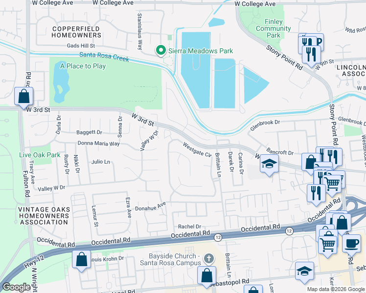map of restaurants, bars, coffee shops, grocery stores, and more near 26 Charro Court in Santa Rosa