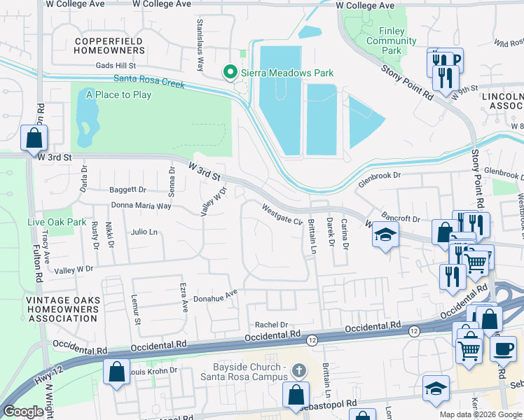 map of restaurants, bars, coffee shops, grocery stores, and more near 69 Westgate Circle in Santa Rosa
