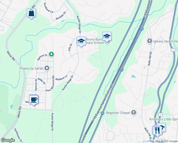 map of restaurants, bars, coffee shops, grocery stores, and more near 44 Banner Spring Circle in Stafford