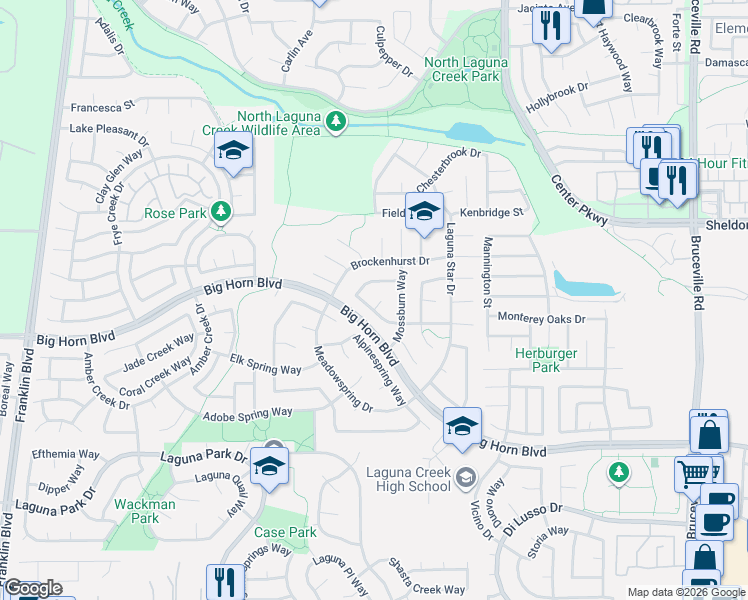map of restaurants, bars, coffee shops, grocery stores, and more near 6011 Belfield Circle in Elk Grove