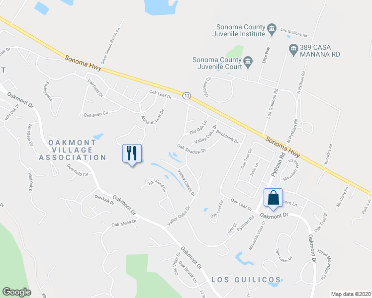 map of restaurants, bars, coffee shops, grocery stores, and more near 198 Oak Shadow Drive in Santa Rosa