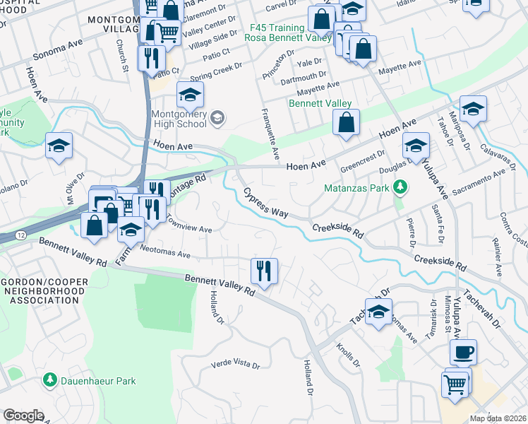 map of restaurants, bars, coffee shops, grocery stores, and more near 3335 Cypress Way in Santa Rosa