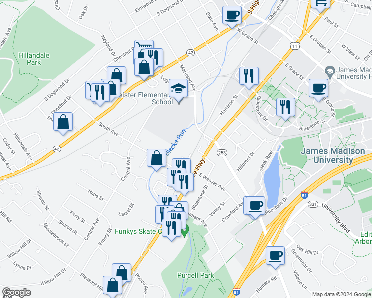 map of restaurants, bars, coffee shops, grocery stores, and more near 1337 Walker Street in Harrisonburg