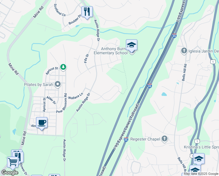 map of restaurants, bars, coffee shops, grocery stores, and more near 44 Banner Spring Circle in Stafford