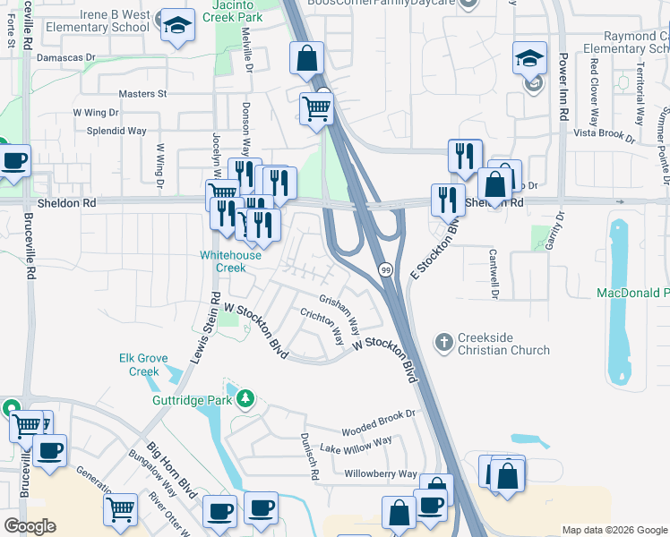map of restaurants, bars, coffee shops, grocery stores, and more near 8900 Sheldon Terrace Lane in Elk Grove