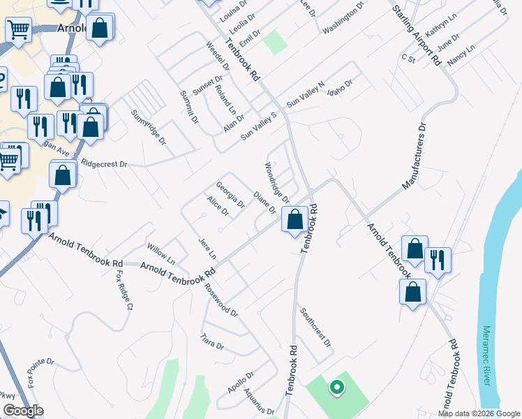 map of restaurants, bars, coffee shops, grocery stores, and more near 2647 Diane Drive in Arnold