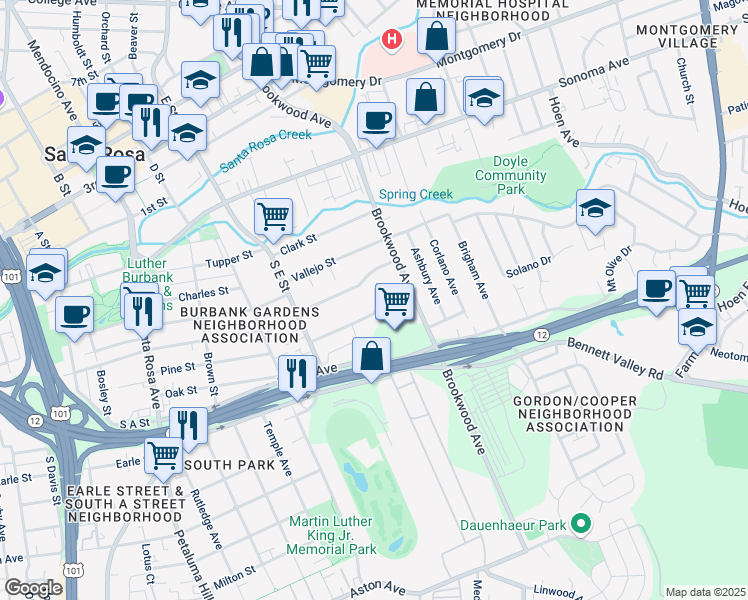 map of restaurants, bars, coffee shops, grocery stores, and more near 1063 Stevenson Street in Santa Rosa