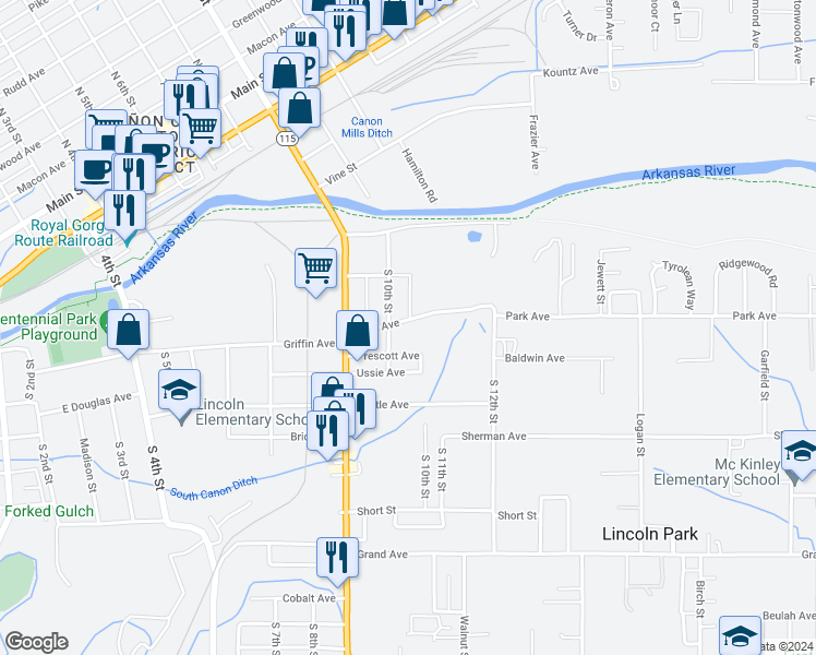 map of restaurants, bars, coffee shops, grocery stores, and more near 722 South 10th Street in Cañon City