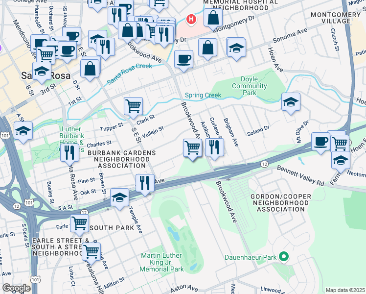 map of restaurants, bars, coffee shops, grocery stores, and more near 1063 Stevenson Street in Santa Rosa