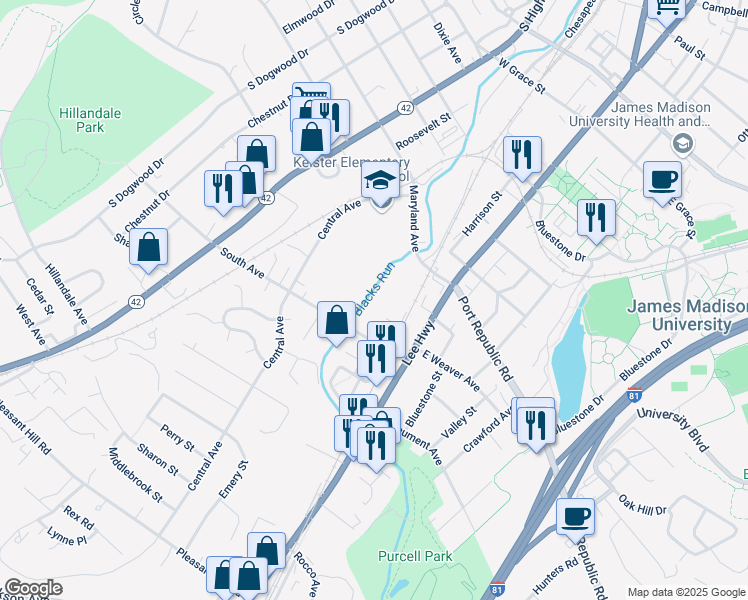 map of restaurants, bars, coffee shops, grocery stores, and more near 52 South Avenue in Harrisonburg