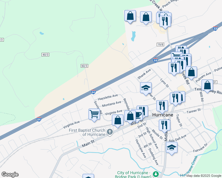 map of restaurants, bars, coffee shops, grocery stores, and more near 165 Henderson Avenue in Hurricane