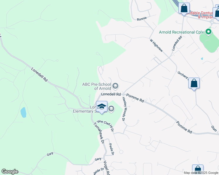 map of restaurants, bars, coffee shops, grocery stores, and more near 2260 Benton Drive in Arnold