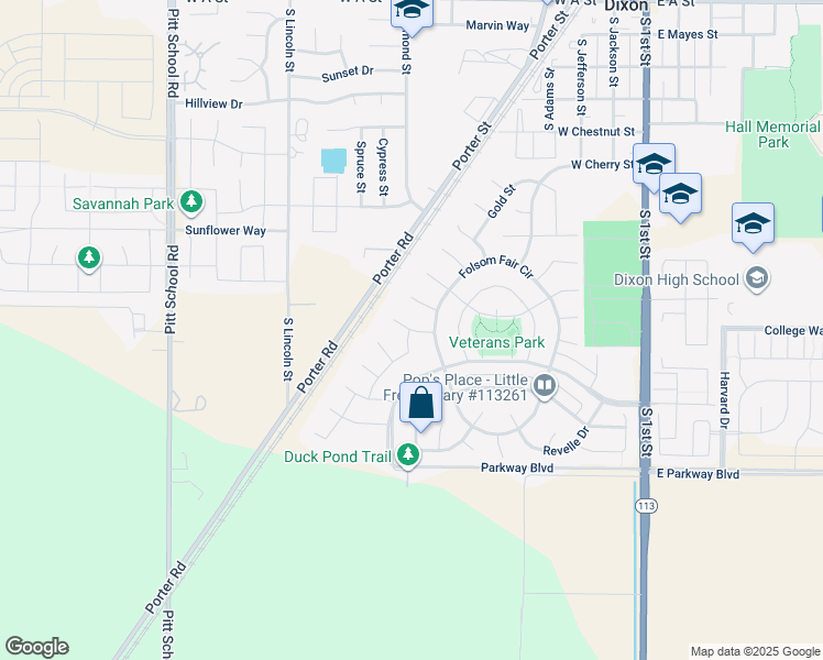 map of restaurants, bars, coffee shops, grocery stores, and more near Eisenhower Street in Dixon
