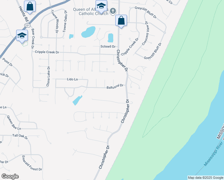 map of restaurants, bars, coffee shops, grocery stores, and more near 2538 Baltusrol Drive in St. Louis