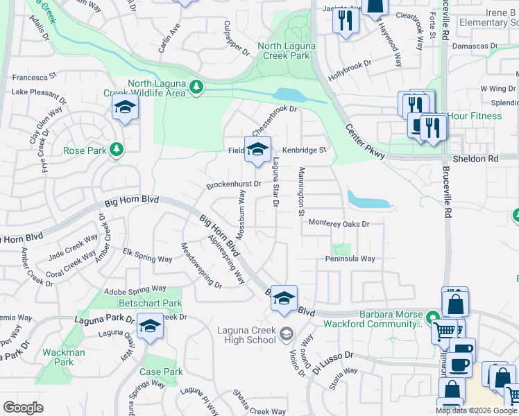 map of restaurants, bars, coffee shops, grocery stores, and more near 8856 Westside Way in Elk Grove