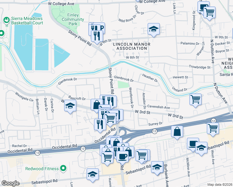 map of restaurants, bars, coffee shops, grocery stores, and more near 311 Mosswood Lane in Santa Rosa