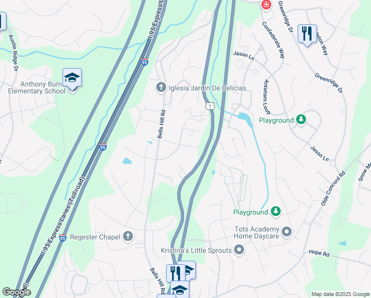 map of restaurants, bars, coffee shops, grocery stores, and more near 110 Macon Drive in Stafford