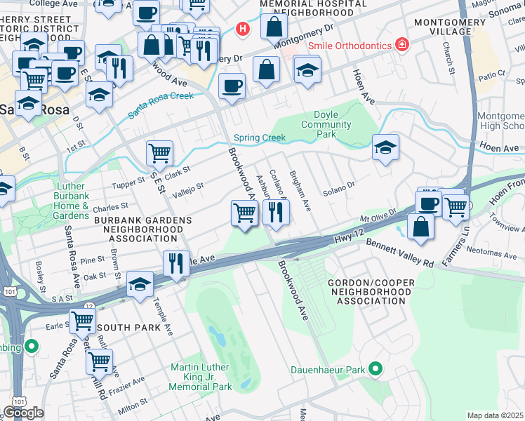 map of restaurants, bars, coffee shops, grocery stores, and more near 620 Brookwood Avenue in Santa Rosa