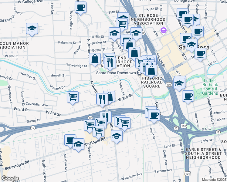 map of restaurants, bars, coffee shops, grocery stores, and more near Willow Street & Garden Street in Santa Rosa
