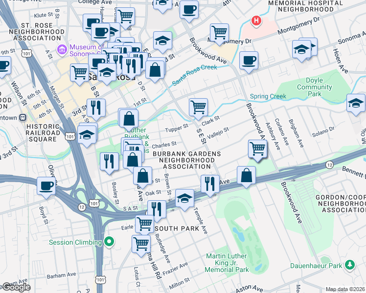 map of restaurants, bars, coffee shops, grocery stores, and more near 236 Hendley Street in Santa Rosa