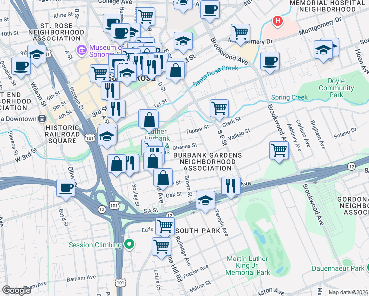 map of restaurants, bars, coffee shops, grocery stores, and more near 717 Charles Street in Santa Rosa