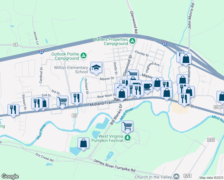 map of restaurants, bars, coffee shops, grocery stores, and more near 1041 Church Street in Milton