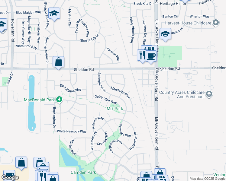 map of restaurants, bars, coffee shops, grocery stores, and more near 8874 Mandalay Way in Elk Grove