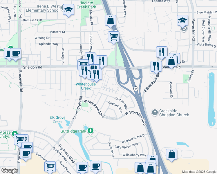 map of restaurants, bars, coffee shops, grocery stores, and more near 8201 Zenia Lane in Elk Grove