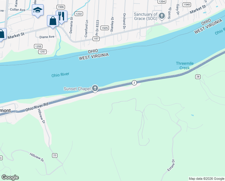 map of restaurants, bars, coffee shops, grocery stores, and more near 5397-5431 Highway 2 in Huntington
