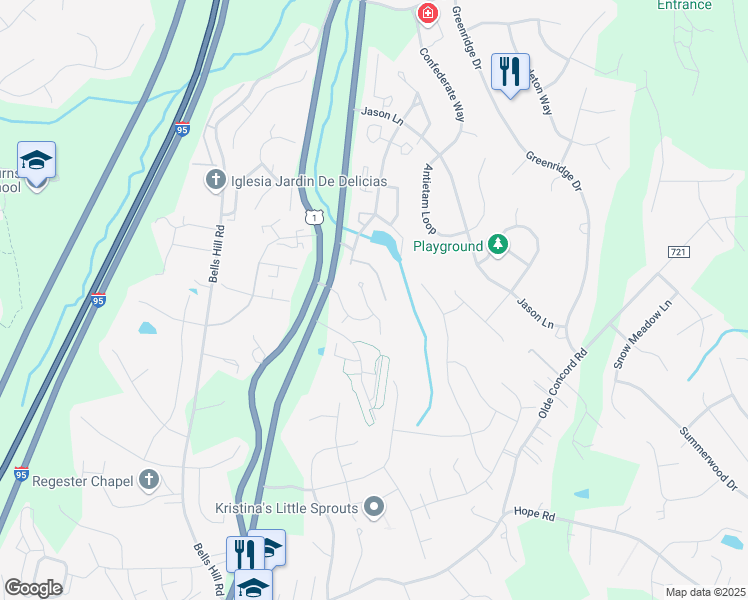 map of restaurants, bars, coffee shops, grocery stores, and more near 33 Wayside Court in Stafford