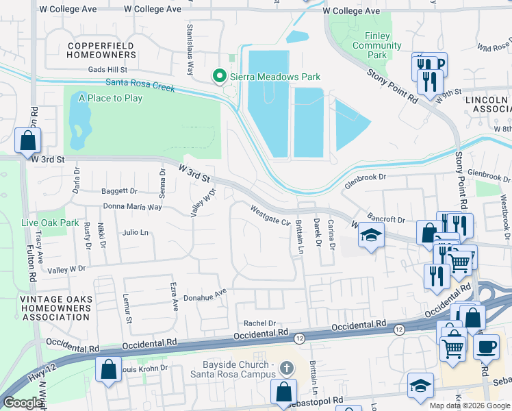 map of restaurants, bars, coffee shops, grocery stores, and more near 26 Charro Court in Santa Rosa