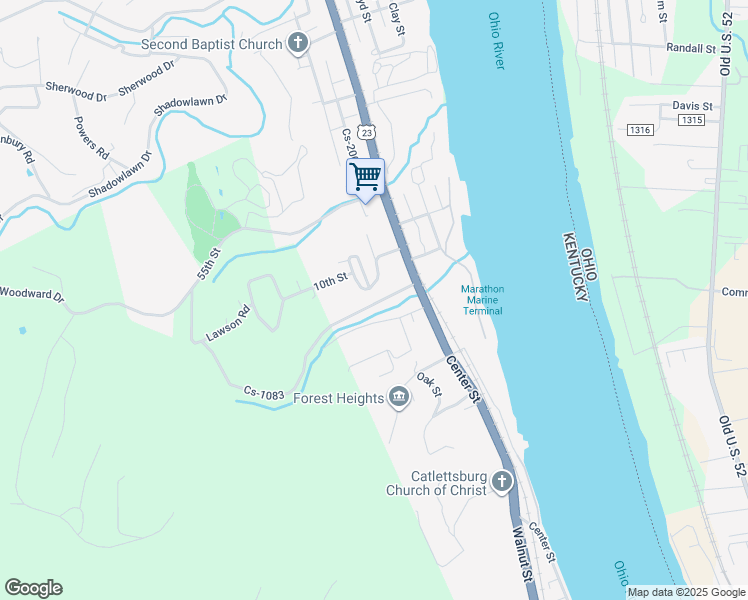 map of restaurants, bars, coffee shops, grocery stores, and more near 323 10th Street in Catlettsburg