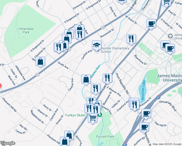 map of restaurants, bars, coffee shops, grocery stores, and more near 52 South Avenue in Harrisonburg