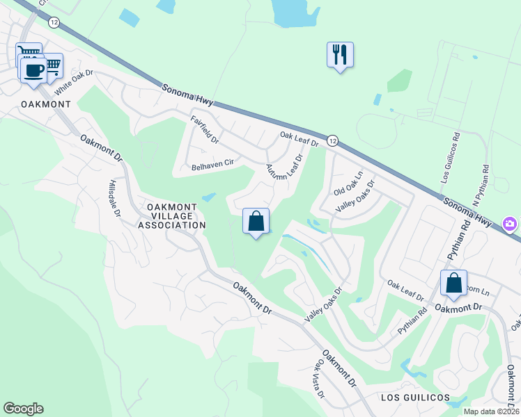 map of restaurants, bars, coffee shops, grocery stores, and more near 220 Mockingbird Circle in Santa Rosa