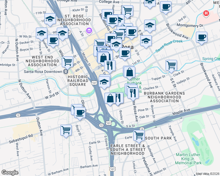 map of restaurants, bars, coffee shops, grocery stores, and more near 463 Sonoma Avenue in Santa Rosa
